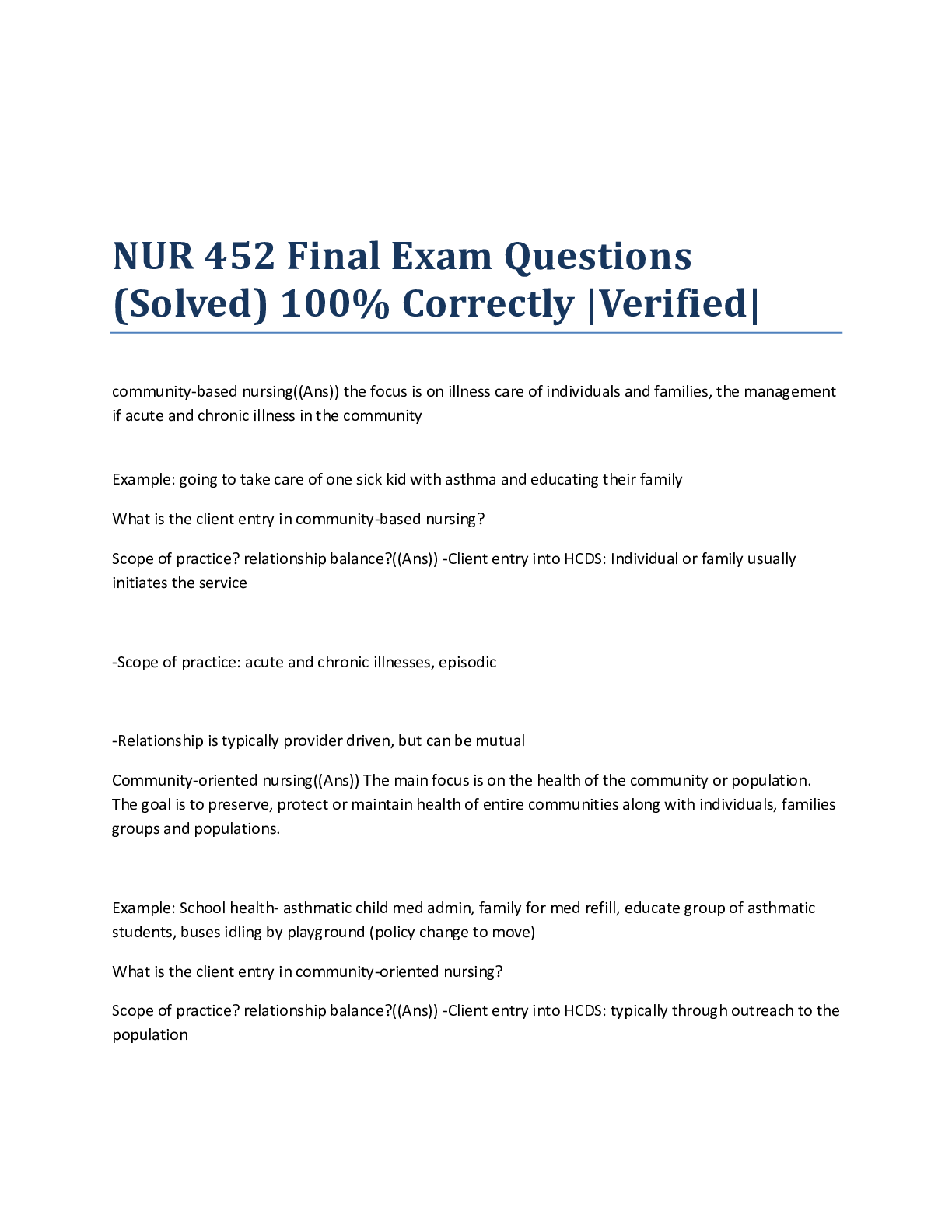 Preview of NUR 452 Final Exam Questions (Solved) 100% Correctly |Verified|